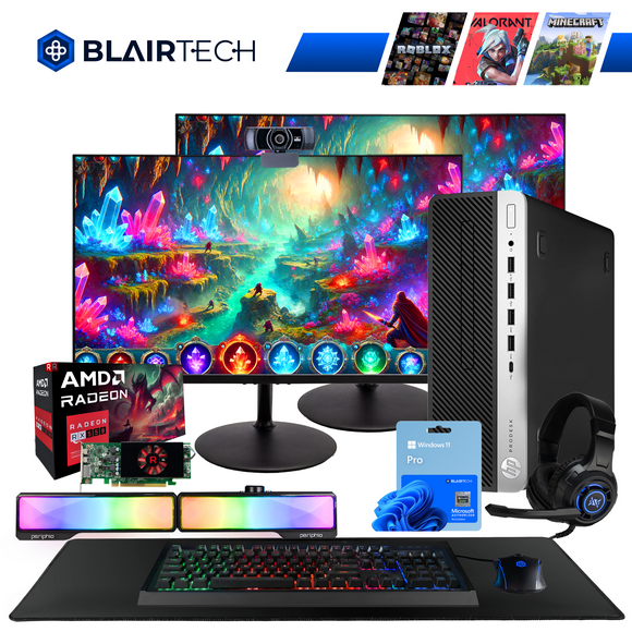 Restored Blair Tech 600 G4 Windows 11 Gaming PC Bundle - Intel Hexa-Core i5, 16GB RAM, 512GB SSD, AMD RX 550 - RGB Periphio Keyboard, Mouse, Soundbar, & Headset - 2x 24" Gaming Monitors (refurbished)