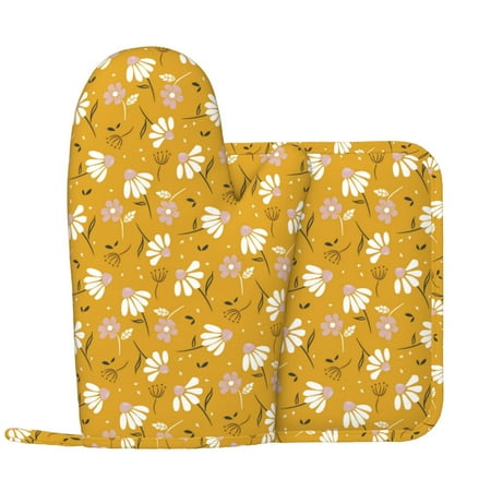 

Daisies Flowers Petal Oven Mitts and Pot Holders Sets with 1 Non-Slip Left Silicone Oven Mitts and 1 Heatproof Insulated Hot Pads for Kitchen Use in Cooking Baking Grilling