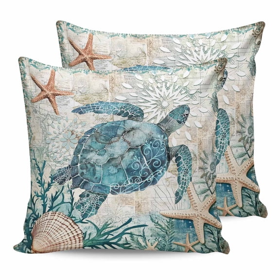 Teal Sea Turtle 18x18 Pillow Covers Set of 2, Coastal Coral Ocean Nautical Vintage Throw Pillow Covers Decorative Couch Cushion Case, Microfiber Square Pillowcases for Bedroom Car Living Room
