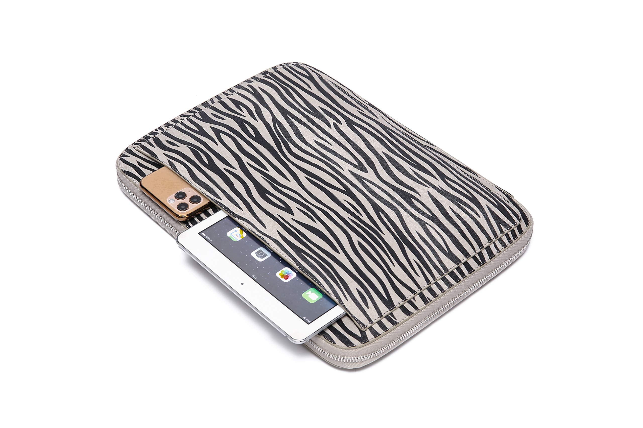 Daisy Rose Protective Laptop Sleeve Case for 13 Inch Laptop with Slip Pocket - Luxury PU Vegan Leather Shock Absorbant Hard Case for Work and School - Grey zebra
