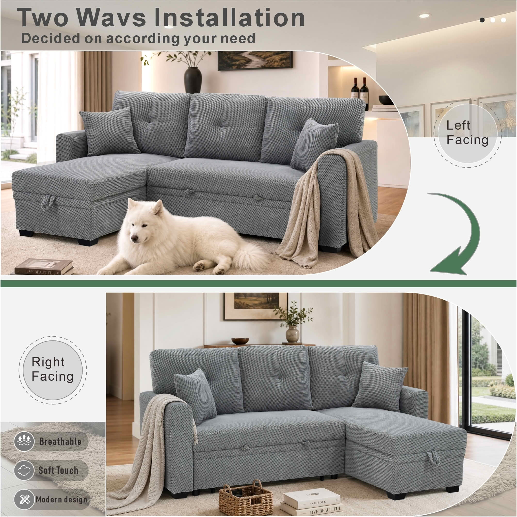 MAYEERTY L‑Shaped Sleeper Sectional Sofa, Convertible Pull‑Out Bed with Reversible Storage Chaise, Dark Gray Breathable Polyester Fabric for Small Living Spaces