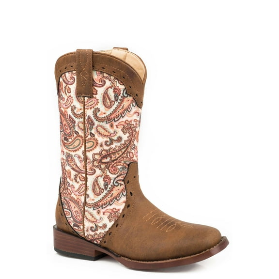 Roper Girls' Glitter Paisley Print Western Boot Round Toe Brown 10 D(M) US