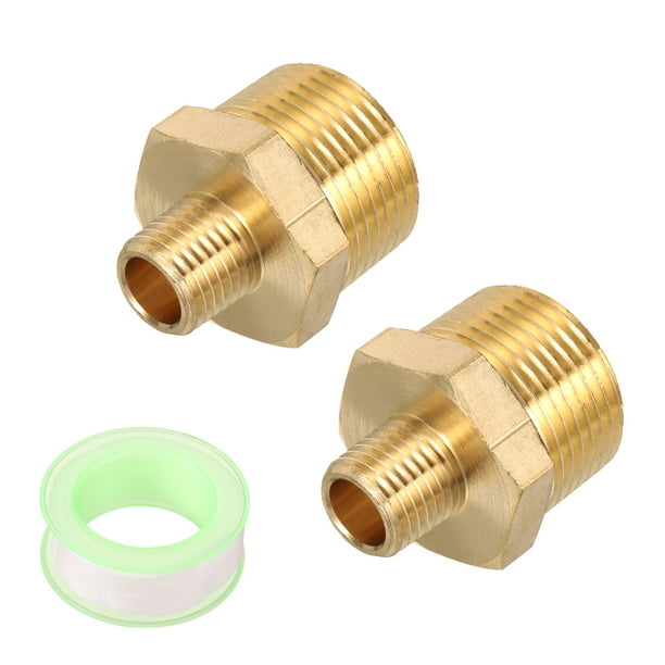 Uxcell 2pcs Hex Nipple Brass Pipe Fitting, Conector macho NPT de 1/4 x macho NPT de 3/4 con cinta PTFE, tono dorado