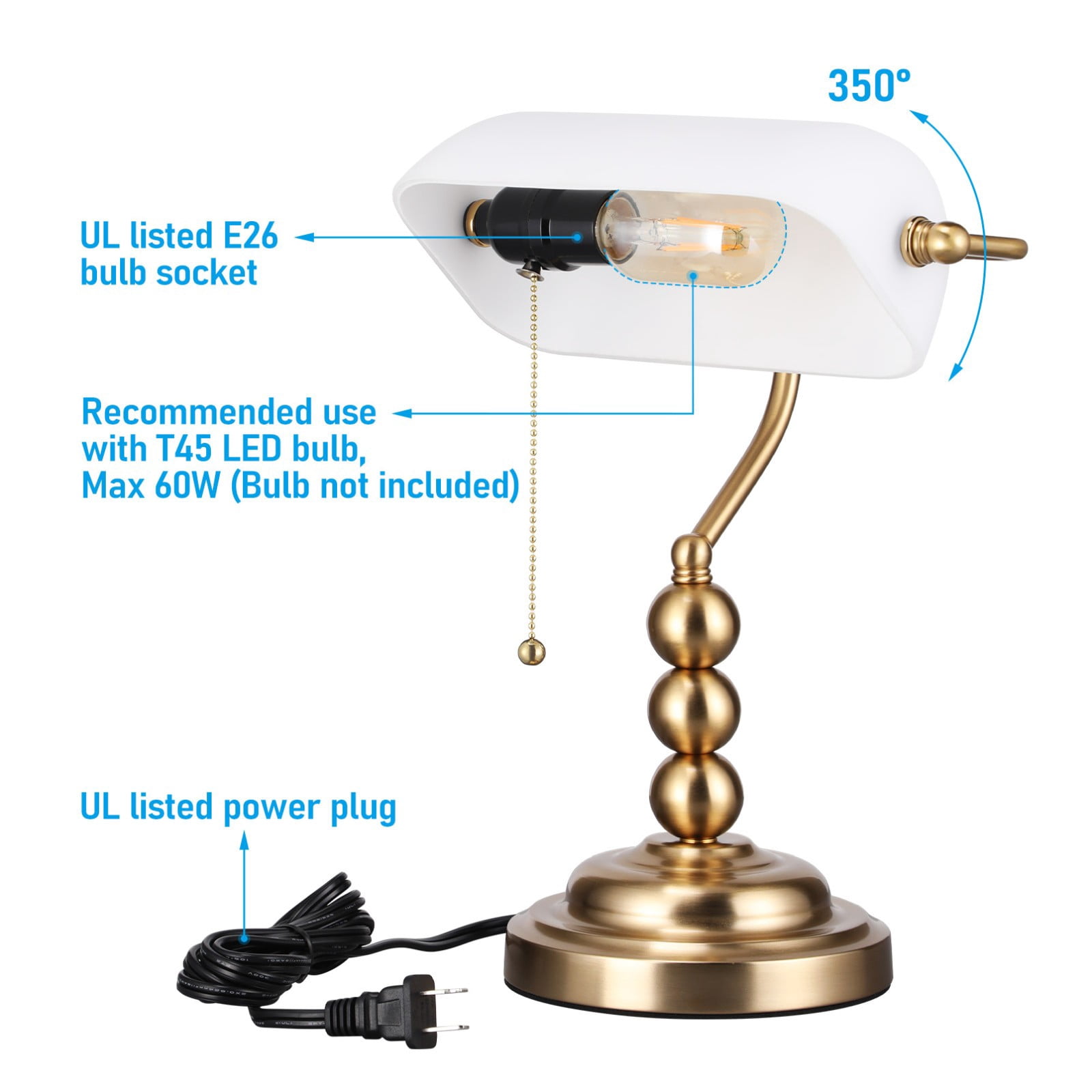 2 Pack Antique Bankers Desk Lamp, Ivory White Glass Table Lamps, E26 Base Traditional Lamp with Pull Chain, Library Lamps for Home Office