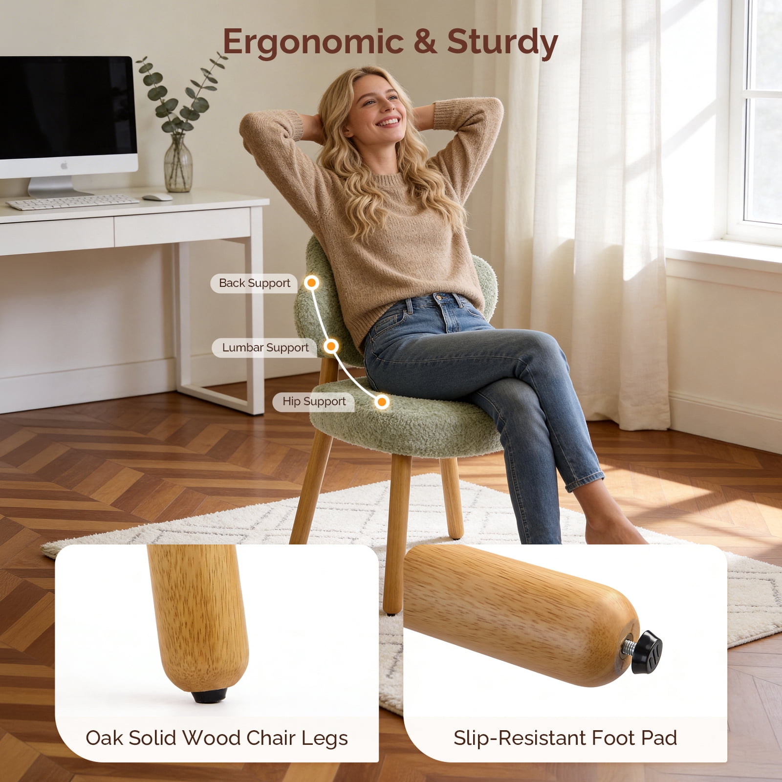 Ktaxon Blended Chenille Armless Vanity Chair Cloud Backrest Desk Chair, Rubber Wood Makeup Chair for Bedroom Living Room Office Reading Room Green