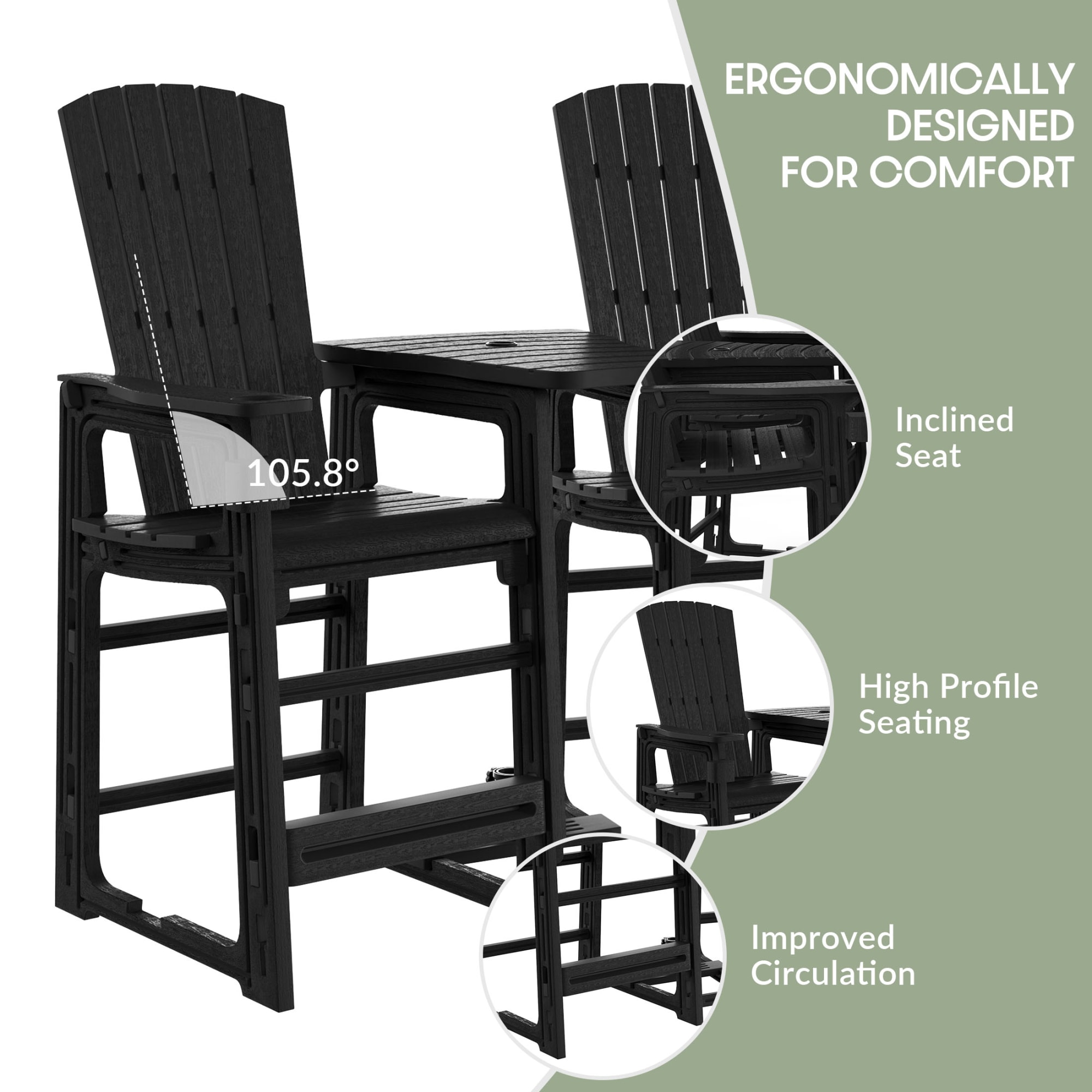 WestinTrends Azura Outdoor Tall Adirondack Chairs With Connecting Table Tray (Set of 2), Black