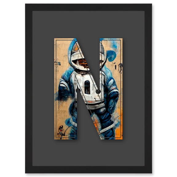 Letter N Space Man Decorative Graffiti Mural Alphabet Initial Stencil Artwork Framed Wall Art Print A4