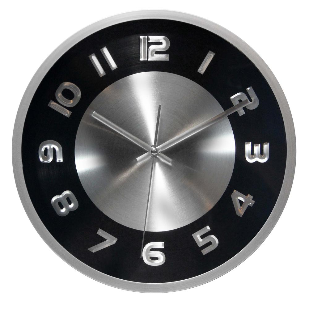 11.5 in Round Wall Clock, Silver Finish Case, Glass Lens over Black