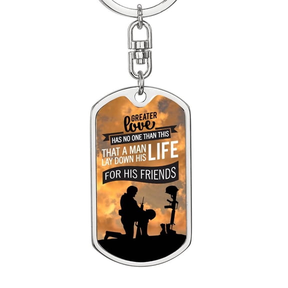 No Greater Love John 15:13 Soldier Kneeling Stainless Steel or 18k Gold Premium Swivel Dog Tag Keychain