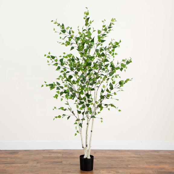 Nearly Natural Potted Birch Artificial Tree - 7' - Green