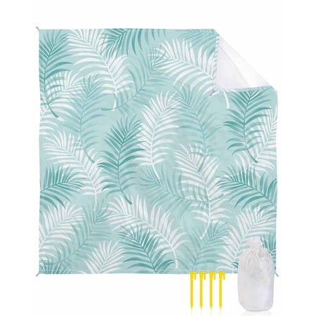 Beach Blanket Waterproof Sandproof Aqua Tropical Palm Leaves Beach Blankets with Stakes Quick Dry Sand Free Outdoor Picnic Mats Summer Jungle Foliage Large Beach Mat for Sand Camping Hiking 108 x84