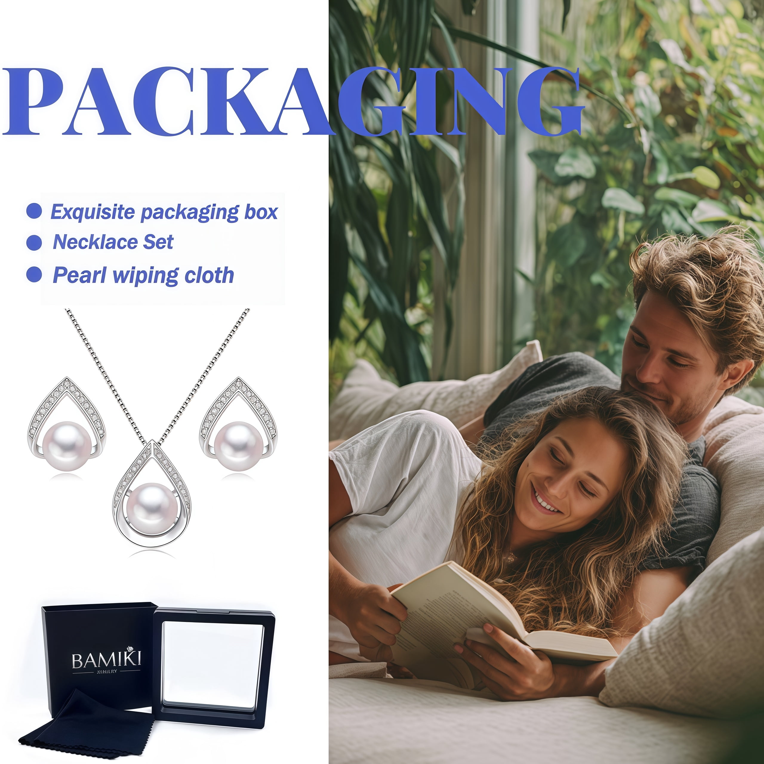Bamiki White Pearl Necklace and Earrings Set | 925 Sterling Silver Jewelry Set with Pendant and earrings Valentine's Day Gift