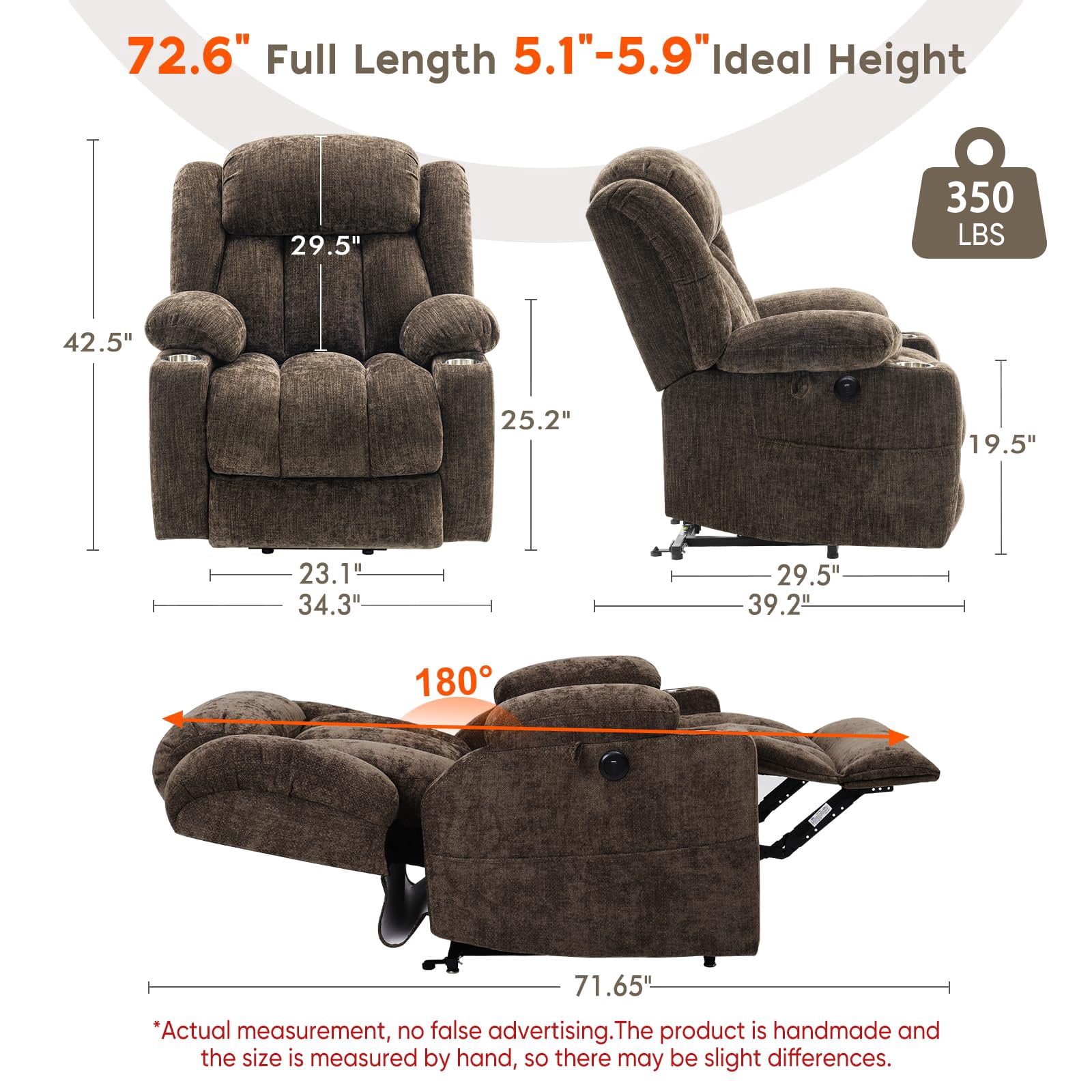 JULY'S SONG Power Recliner Chair with Heat and Massage, Dual Motor Lift Chairs for Elderly with Cup Holders, Oversized Recliners for Adults with USB & Type-C Ports, Brown