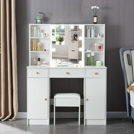 Caulitar Makeup Table with Mirror and Lights, 3 Light Modes, Vanity Desk with Drawers and Shelves and Cabinets, White