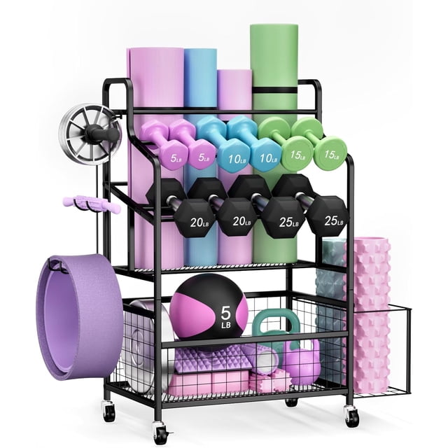 Rangement de Poids pour Gym à Domicile Support d'Haltères Réglable avec Roues et Crochets Organisateur d'Équipement d'Entraînement Tient Tapis de Yoga Kettlebells et Accessoires D\'entraînement Physique