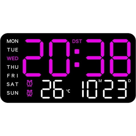 Multifunctional Decorative LED Digital Wall Clock, Modern Large Digital Wall Clock, Large Digital Wall Mount Clocks with Date, Week, Temp, Humidity for Home Office (Purple)