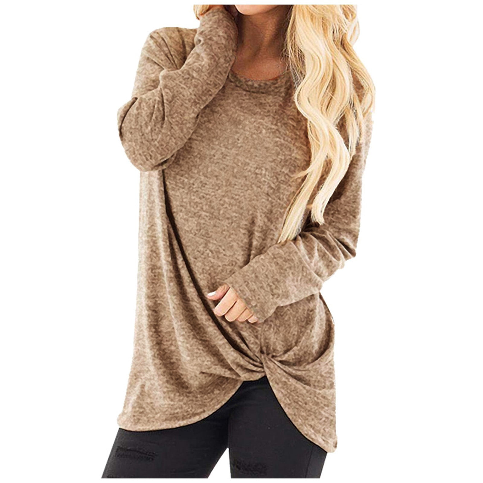 Womens Casual Solid Long Sleeve T-Shirt Tops Twist Knot Front Blouses Round Neck Tunic T Shirt 