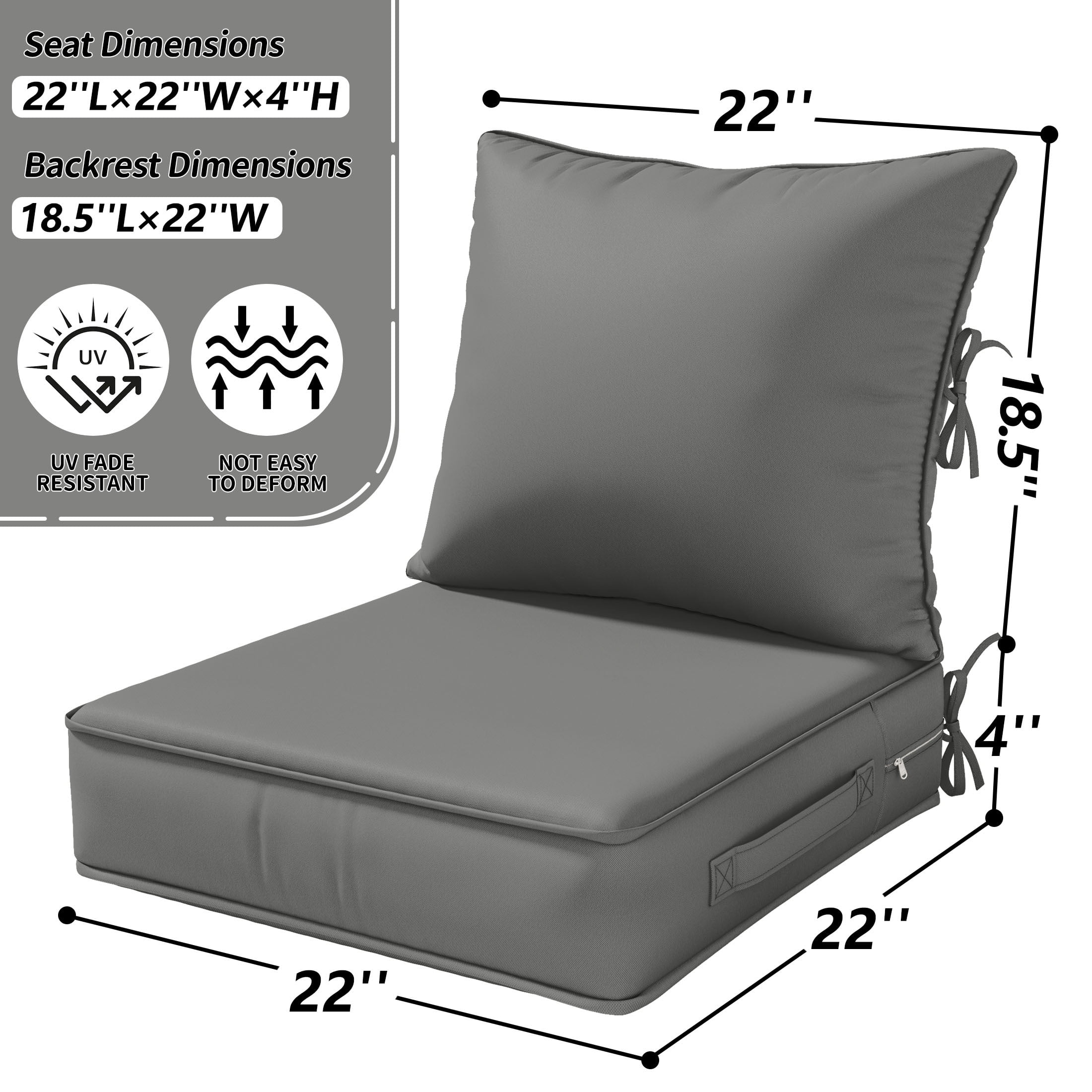 Kimunuk Outdoor Deep Seat Cushion Set for Patio Furniture, Splash-Proof & Fade Resistant, 22" L X 22" W X 4" H, Ligth Gray