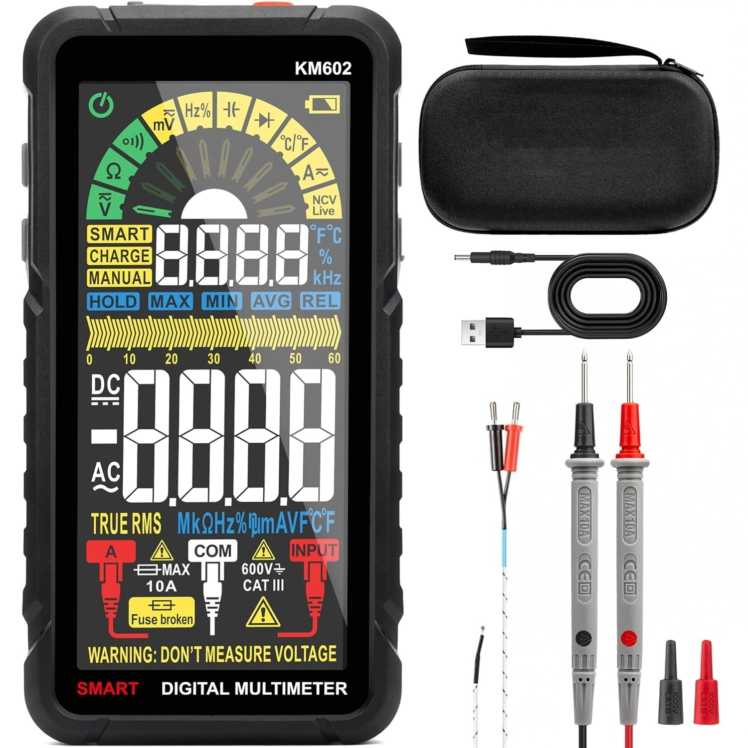 Smart Multimeter Rechargeable Electrical Tester with Auto Ranging Digital Voltmeter Measures Voltage Current Resistance Continuity Capacitance Temperature Frequency NCV 6000 Counts TRMS