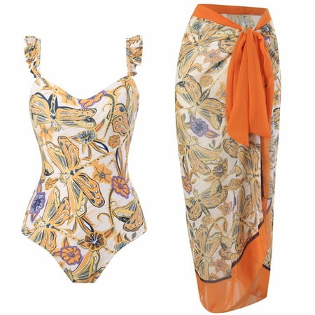 nerohusy Matching Bathing Suits Women 2 Pieces Beach Swimsuit Set with Cover up Wrap Skirt Bathing Suits Tropical Printed Halter Bikini Swimsuit L