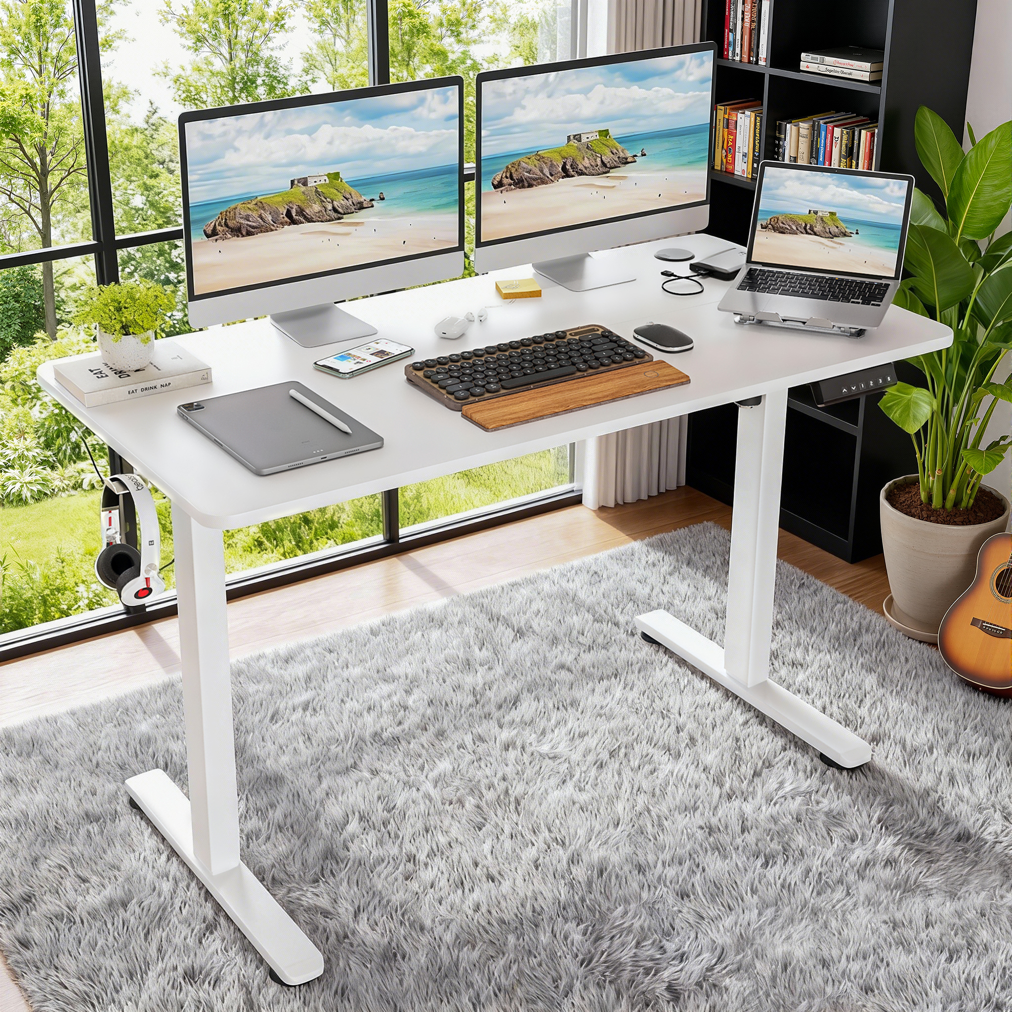 MAYEERTY 48*24" White Electric Standing Home Office Desk with Splice Board, Adjustable Height Sit-Stand Desk