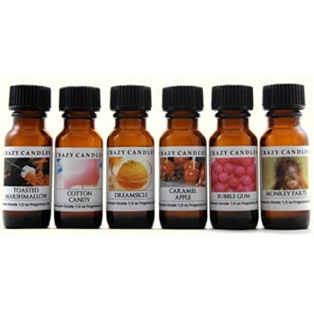 crazy candles 6 bottles set, toasted marshmallow, cotton candy, dreamsicle, caramel apple, bubble gum, monkey farts 1/2 fl oz each (15ml) premium fragrance oils