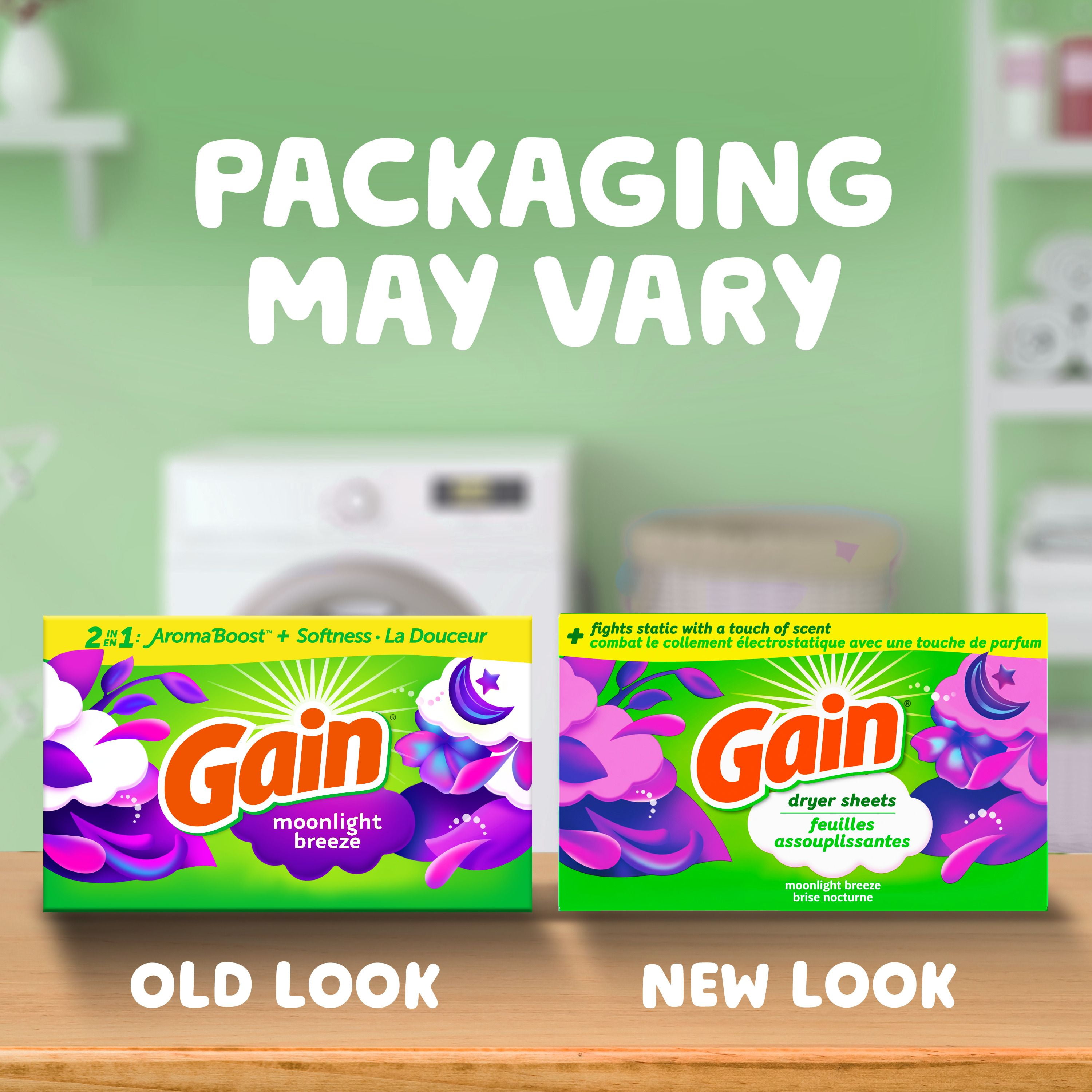 Feuilles assouplissantes Gain, combat le collement électrostatique avec un soupçon de parfum, feuilles pour la lessive, parfum Brise nocturne 200CT