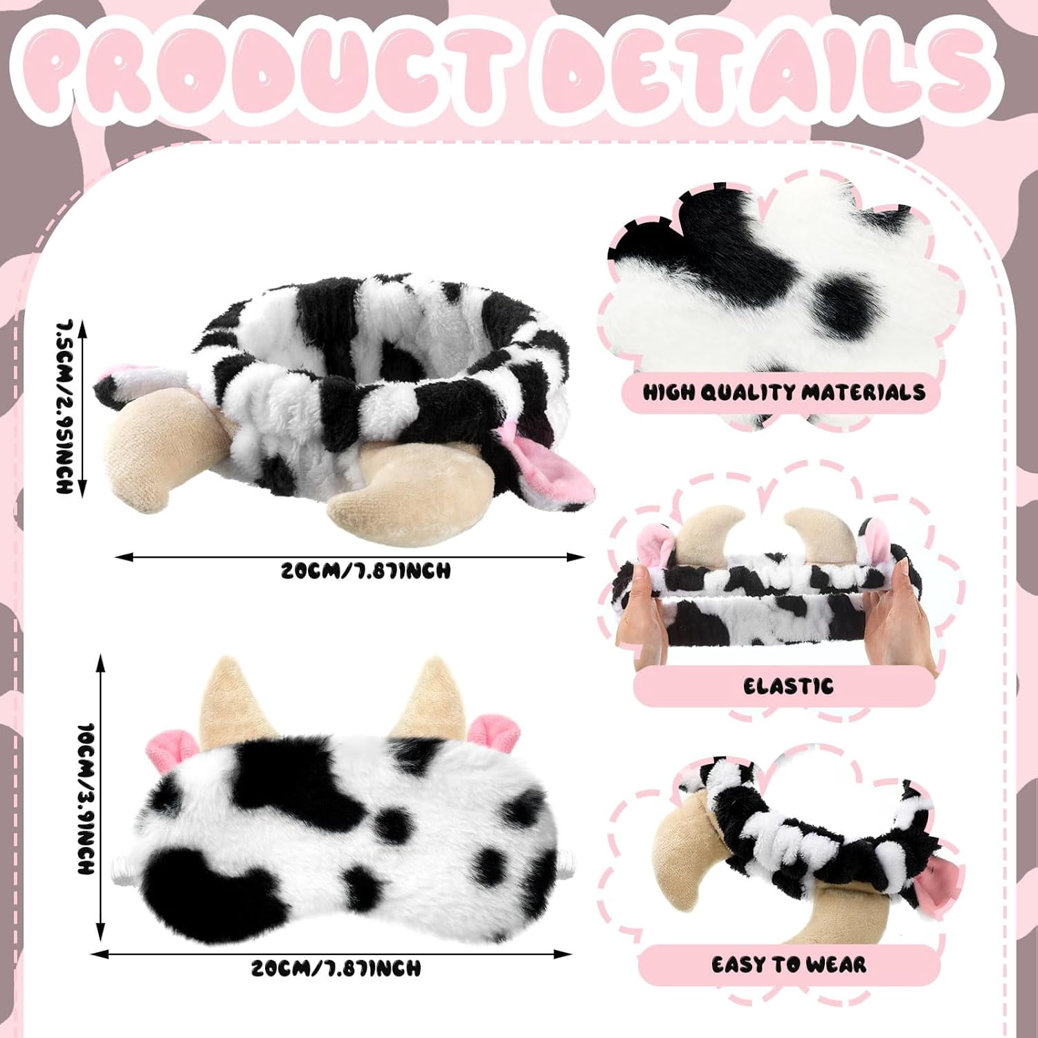 12 Pcs Cow Spa Sleepover Party Supplies for Women Soft Cow Ears Makeup Headband for Washing Face Cute Print Sleep Eye Mask for Sleepover Slumber Party Favors Gifts