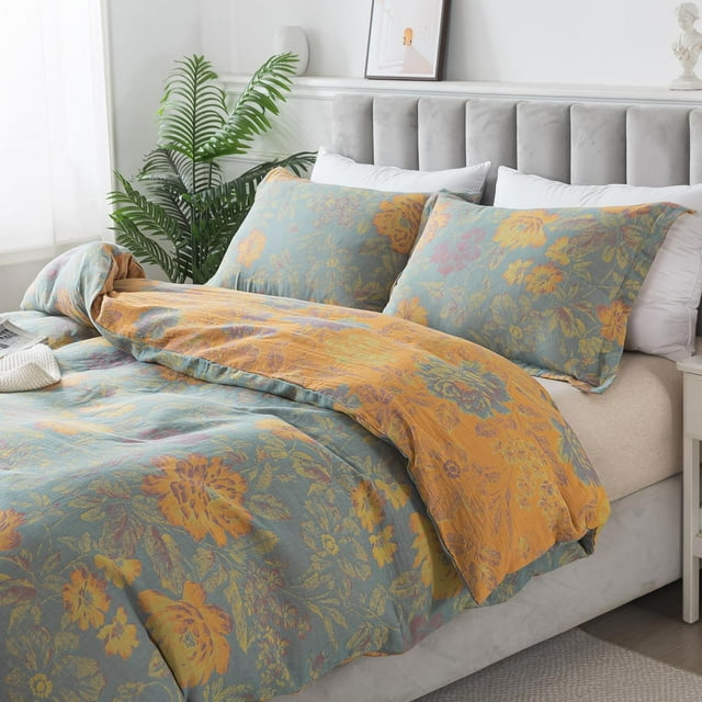 Orange Flower Pattern Grey Bedding Set Grey King Size 3Pcs Duvet Cover Set