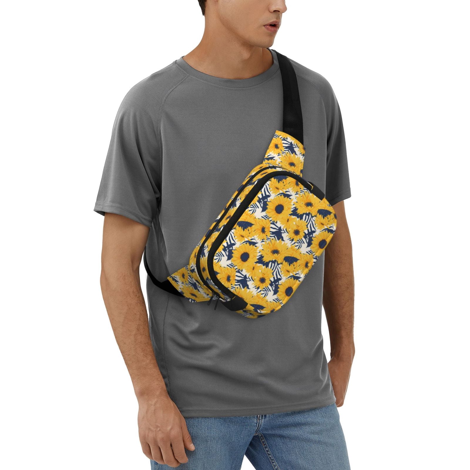 Picia Blue Striped Sunflower Print Square Double-Layer Waist Bag Mini Adjustable Waist Belt Bag Exercise Running Travel Hiking
