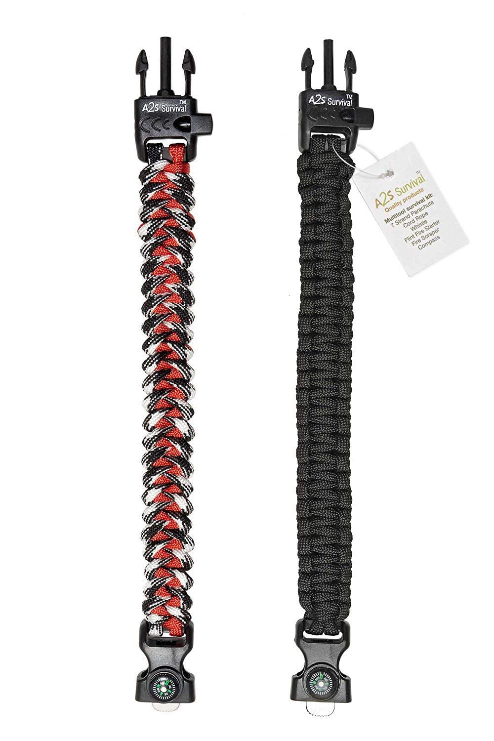 A2S Protection Paracord Bracelet K2-Peak - Survival Gear Kit Compass, Fire Starter, Knife & (Black/Red 8") - Walmart.com