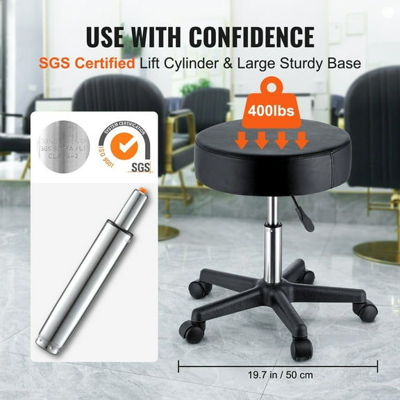 Adjustable Height Swivel Stool with Wheels, Heavy Duty 400 LBS Rolling Stool, Comfortable Cushion for Salon, Bar, Medical, Tattoo, Black