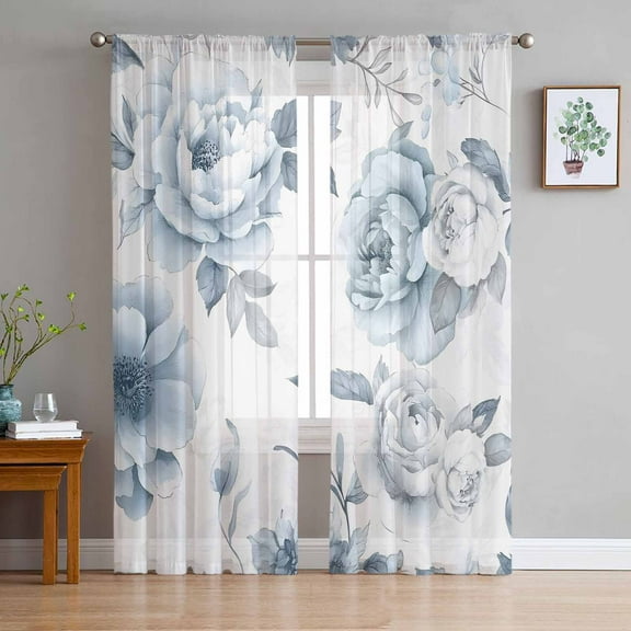Blue White Floral Sheer Curtains 84 Inches Long 2 Panels Set, Window Sheer Curtains for Living Room/Bedroom, Farmhouse Garden Flowers Botanical Light Filtering Rod Pocket Curtain 52'' x 84'' x 2