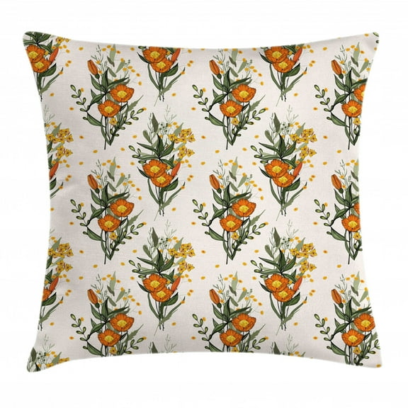 Hawaii Throw Pillow Cushion Cover, Vintage Tropic Flower Leaves California Poppy, Decorative Square Accent Pillow Case, 16" X 16", Burnt Orange Champagne Sage Green and Mustard, by Ambesonne