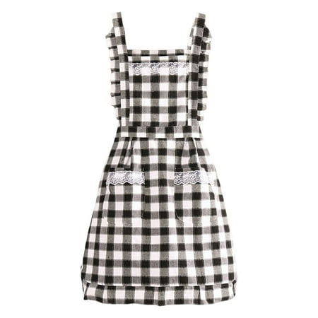 

Hloma Sleeveless Baking Apron Plaid Print Lace Decor Short Double Layer Anti-oil Unisex Double Pockets Kitchen Apron for Bakery