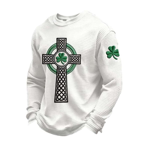 IWRICH Men's St Patrick's Day T Shirts Shamrock Printed Waffle Sweatshirt Shamrock Tops White XL