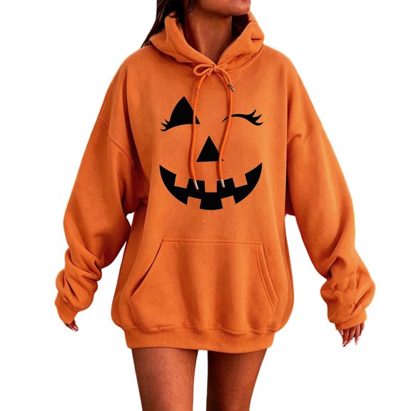 Women's Hoodie Pumpkin Graphic Print Oversized Long Sleeve Sweatshirts Pullover Top Casual Hooded Drawstring Halloween Streetwear