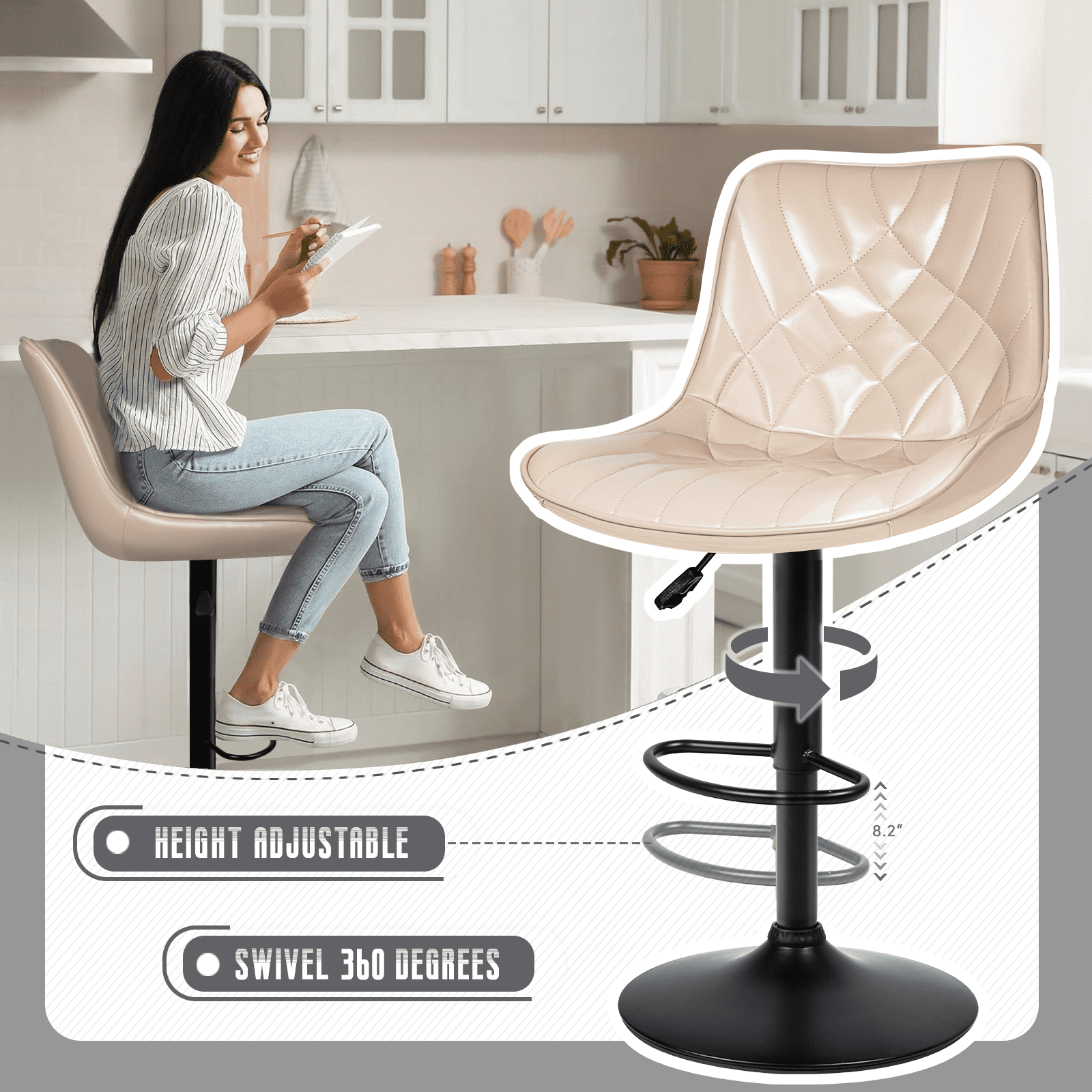 Waleaf Modern Bar Stools Set of 4, PU Leather Height Adjustable Swivel Barstools with Back