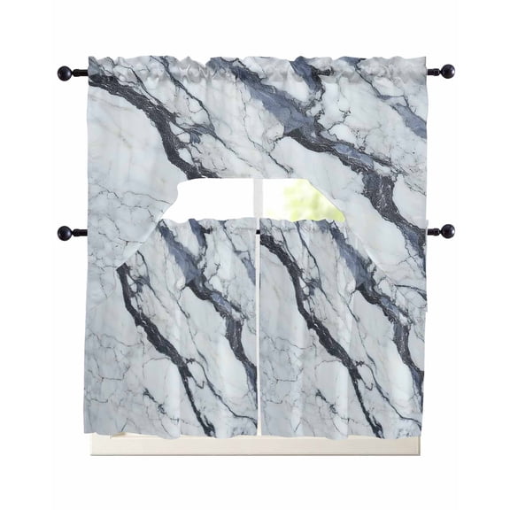 Marble White Kitchen Curtains Sets 24 Inch Length with Valance, Modern Abstract Art Ink Painting Swag Valances and Tiers Curtain Set Drapes Swag Curtains for Living Room, Bathroom, Bedroom, Cafe