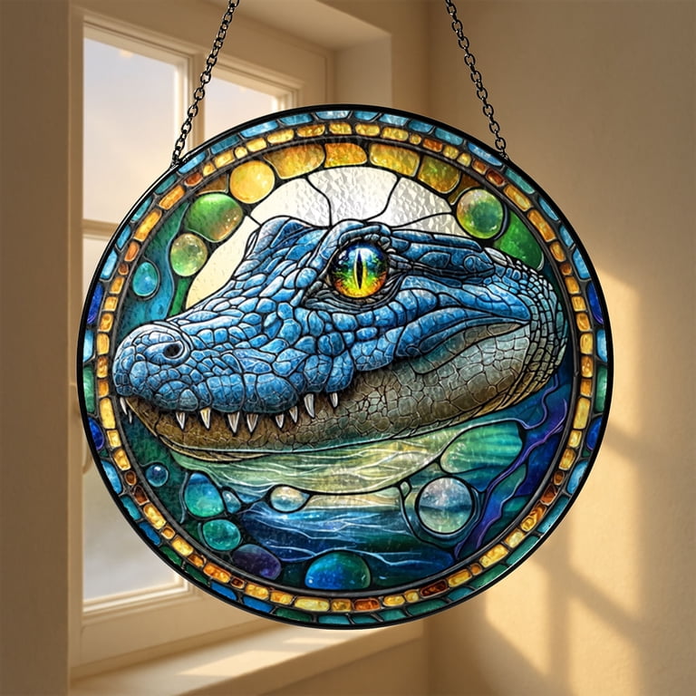 Alligator Stained Glass Window Panel, Circular Wildlife Design ...