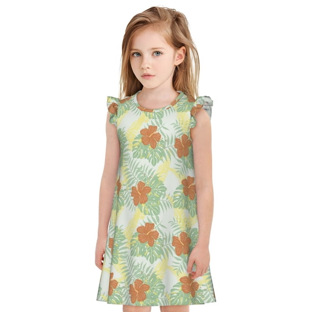 Fotbe Tropical Flowers Vestido de Dormir para Niñas de 3 a 10 Años, Mangas Cortas, Estilo Princesa, Pijama Camisón con Mangas Voladas-Large