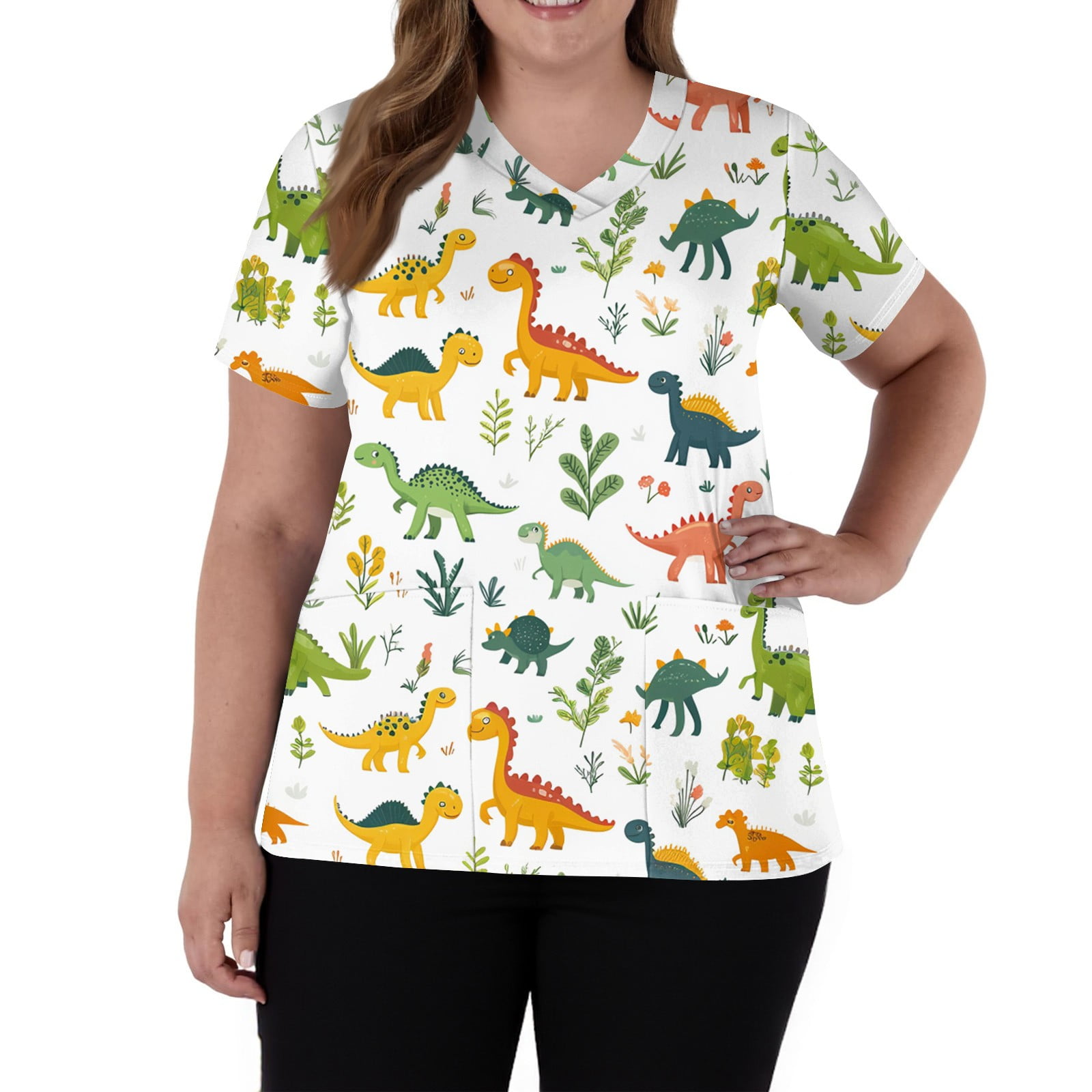 SAATLERI Scrubs for Women Stretchy Short Sleeve V-Neck Funny Floral Print Medical Uniforms Plus Size Working T-Shirts with Pockets