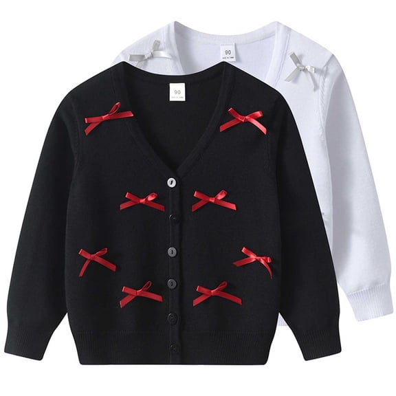 HAOTAGS Girls Long-Sleeve Knitted Cardigan Jacket with Bow Detail Stylish Fall/Winter Top Black Size 9