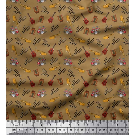 Soimoi Poly Georgette Fabric Drumkits,Guitar & Trumpits Musical Instrument Print Sewing Fabric Yard 42 Inch Wide