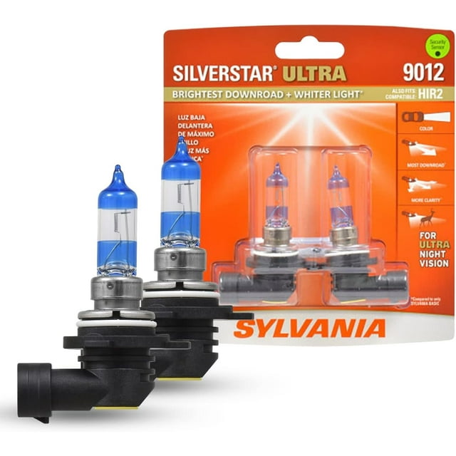 SYLVANIA - 9012 SilverStar Ultra high-performance halogen headlight bulbs, shown in a set of two, with a bright blue-tinted glass design and black base. The packaging highlights features such as brightest downroad visibility, whiter light, and patented Tri-Band Technology for enhanced clarity and safety during night driving. Suitable for high beam, low beam, and fog light replacement.