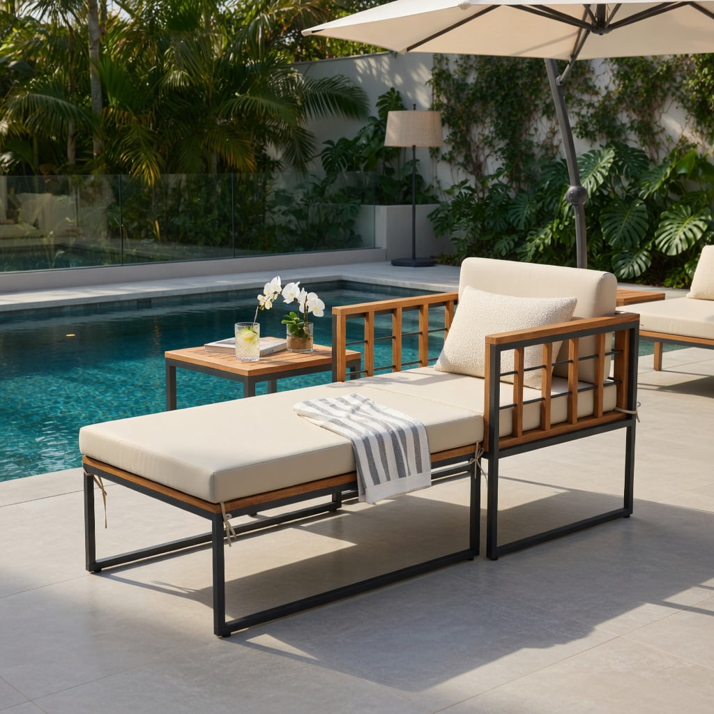 Hommoo Acacia Wood Patio Armchair Set with Matching Ottoman & Removable Cushions, Outdoor Lounge Chair for Backyard, Poolside, Balcony, Brown