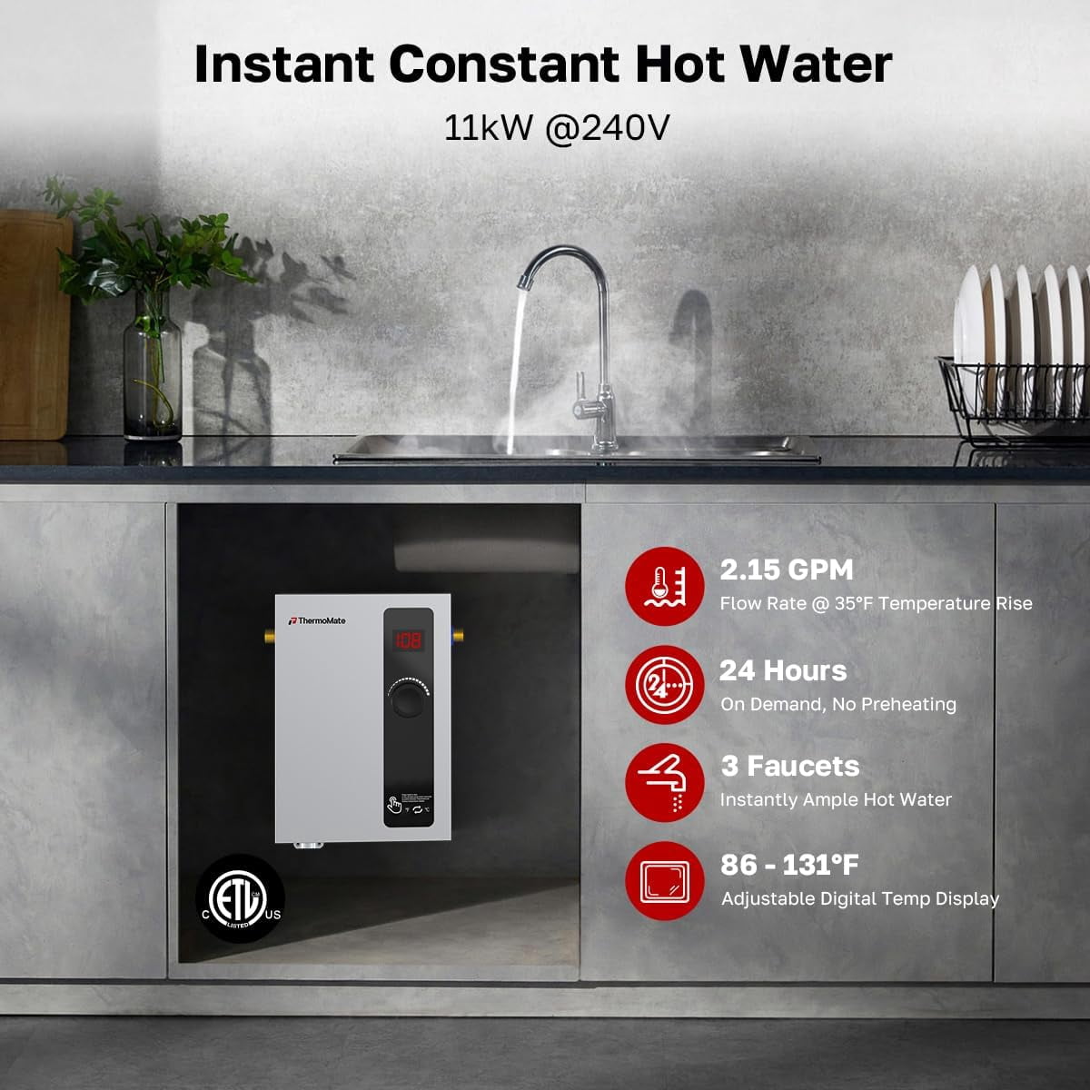 ThermoMate 11kW 240 Volt Electric Tankless Water Heater, Reliable Hot Water for Home, Shop, Cabins