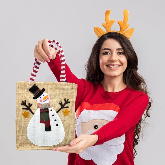 Bolsa Navideña de Yute con decoración Cosida Muñeco de Nieve