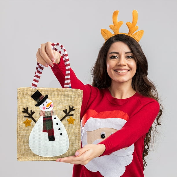 Bolsa Navideña de Yute con decoración Cosida Muñeco de Nieve