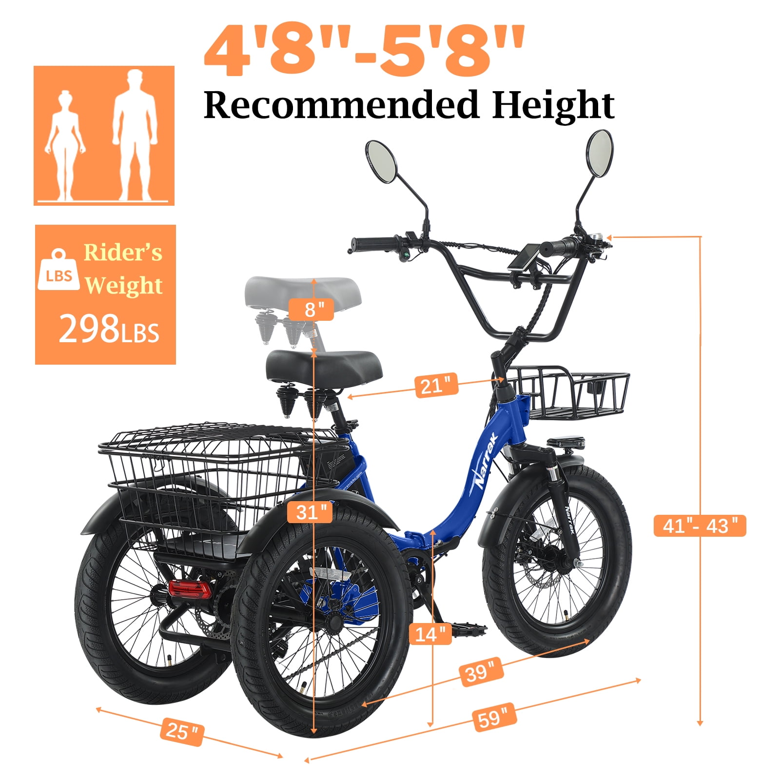 Electric Tricycle for Adults, Fat Tire Folding Trike, Peak 700W Step-Thru Etrike with Removable Battery and Large Basket